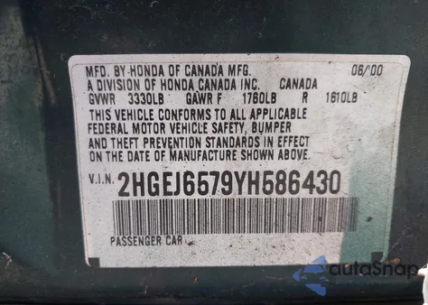 2000 Honda Civic Lx from USA, damaged, VIN 2HGEJ6579YH586430